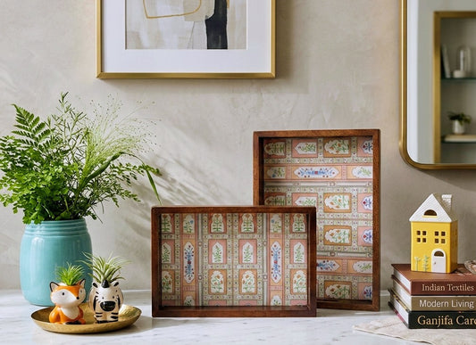 Handmade teak wood rectangular tray with handles