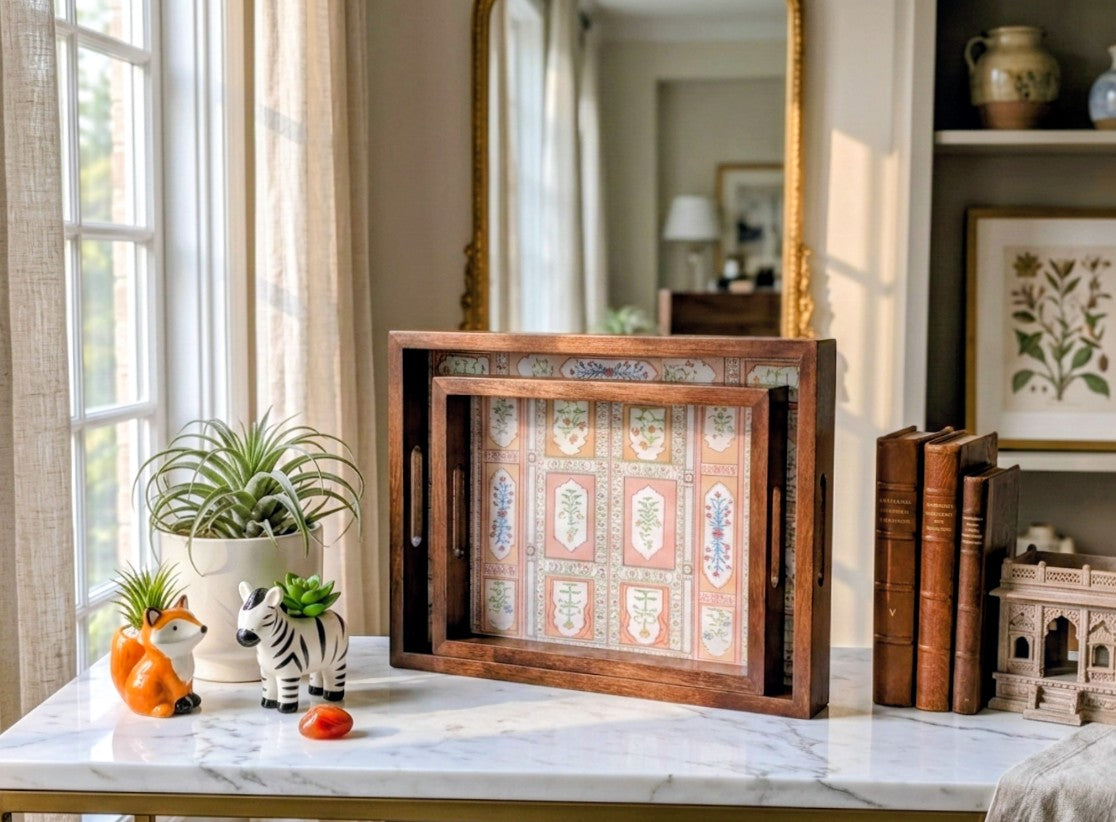 Handmade teak wood rectangular tray with handles