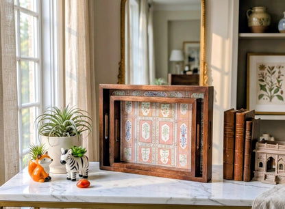 Handmade teak wood rectangular tray with handles