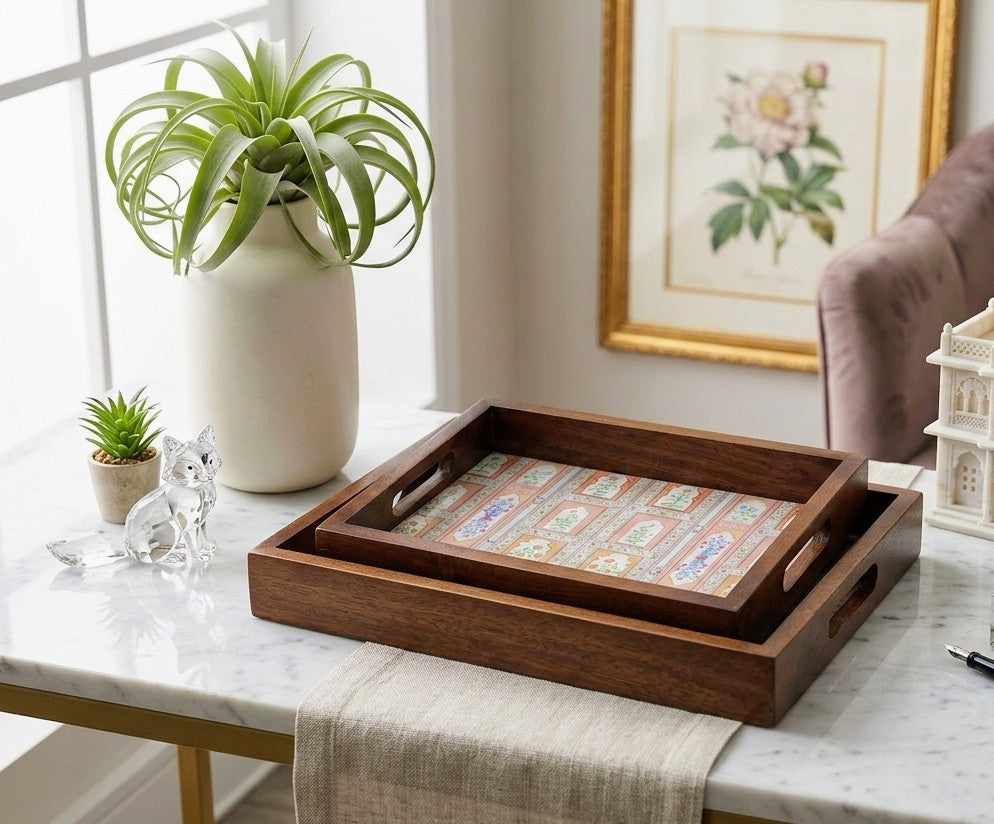 Handmade teak wood rectangular tray with handles