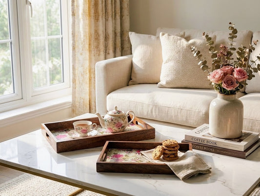 Handmade teak wood rectangular tray with handles