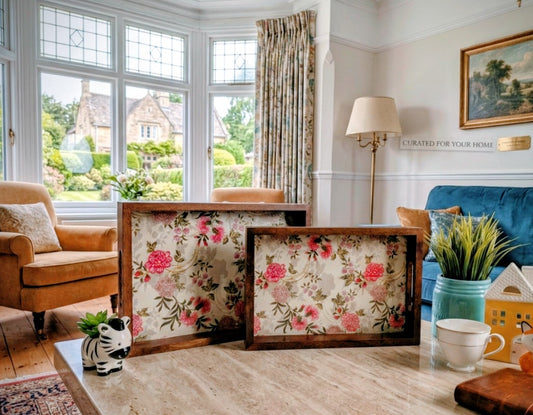 Handcrafted  floral teak wood rectangular tray with handles