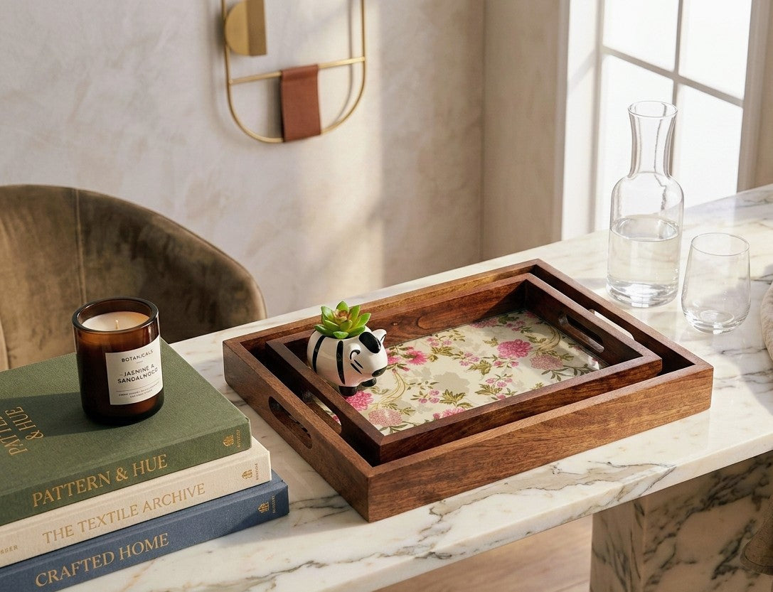 Handcrafted  floral teak wood rectangular tray with handles