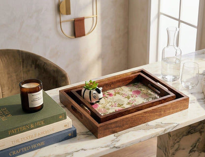 Handcrafted  floral teak wood rectangular tray with handles