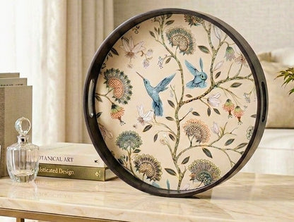 Minimalist round MDF wooden tray with a smooth matte finish and raised edges for home styling