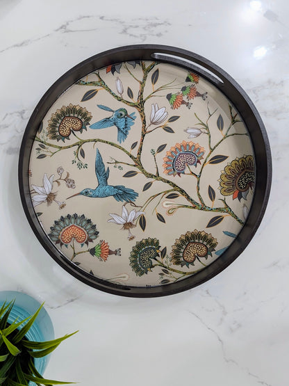 Minimalist round MDF wooden tray with a smooth matte finish and raised edges for home styling