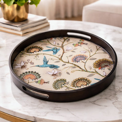 Minimalist round MDF wooden tray with a smooth matte finish and raised edges for home styling