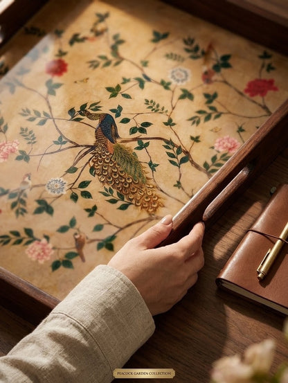Rectangular teak wood trays. The trays feature an antique-style tan background with hand-painted or embroidered birds, floral branches, and red blossoms.