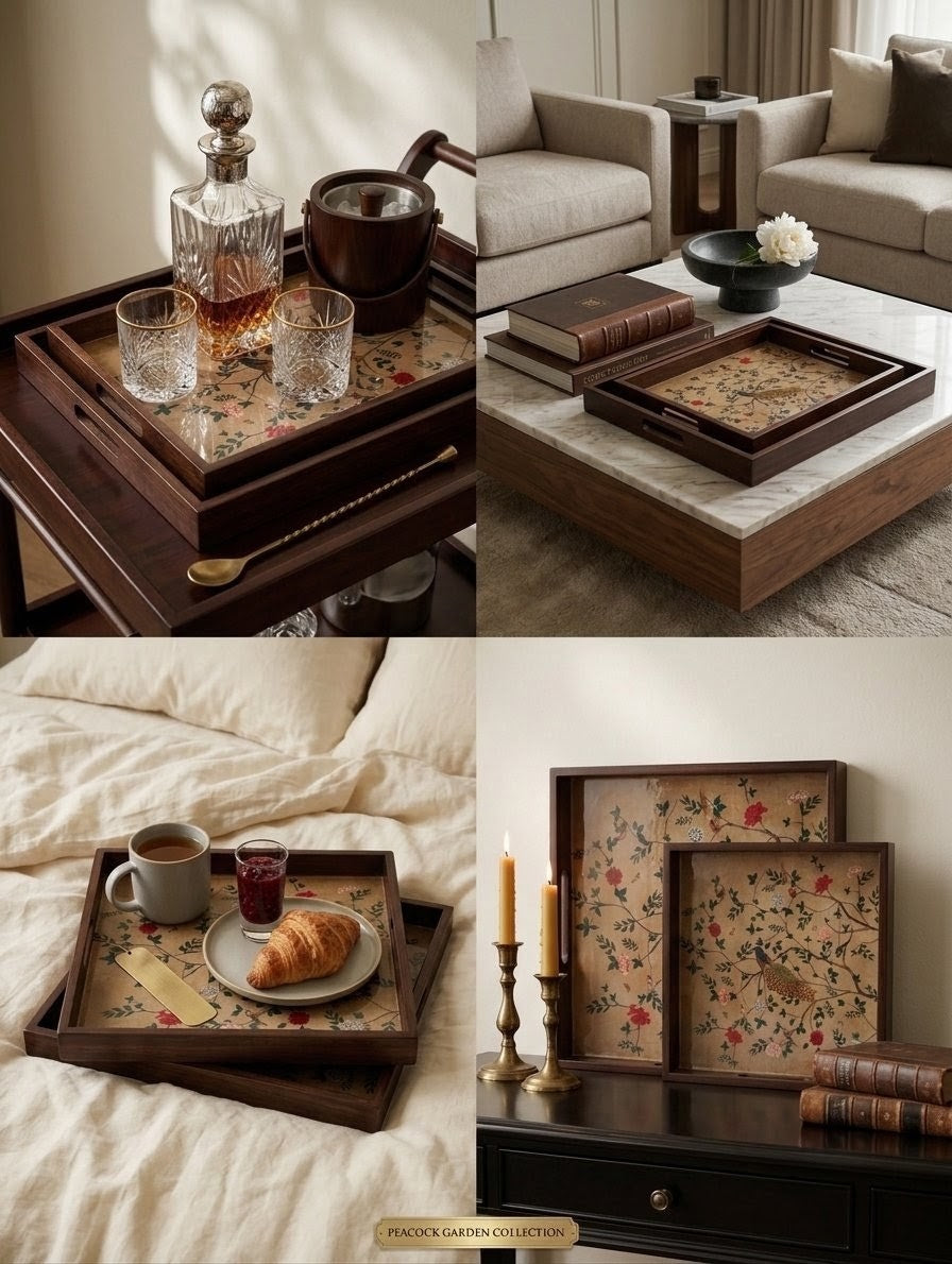 A four-panel collage showcasing teak wood serving trays with vintage floral printed linens in a cozy home setting. The panels depict the trays styled with glassware, books, a coffee mug, a croissant, and candles in a bedroom and living room environment.