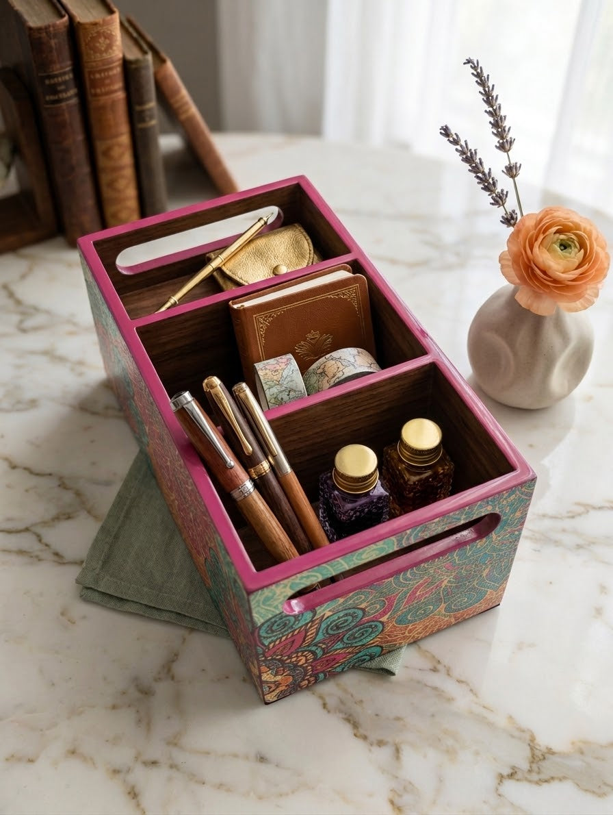 A decorative three-compartment desk organizer box with a pink top frame and a multicolor paisley patterned base, styled on a marble tabletop with pens, small bottles, books, and a vase of flowers.