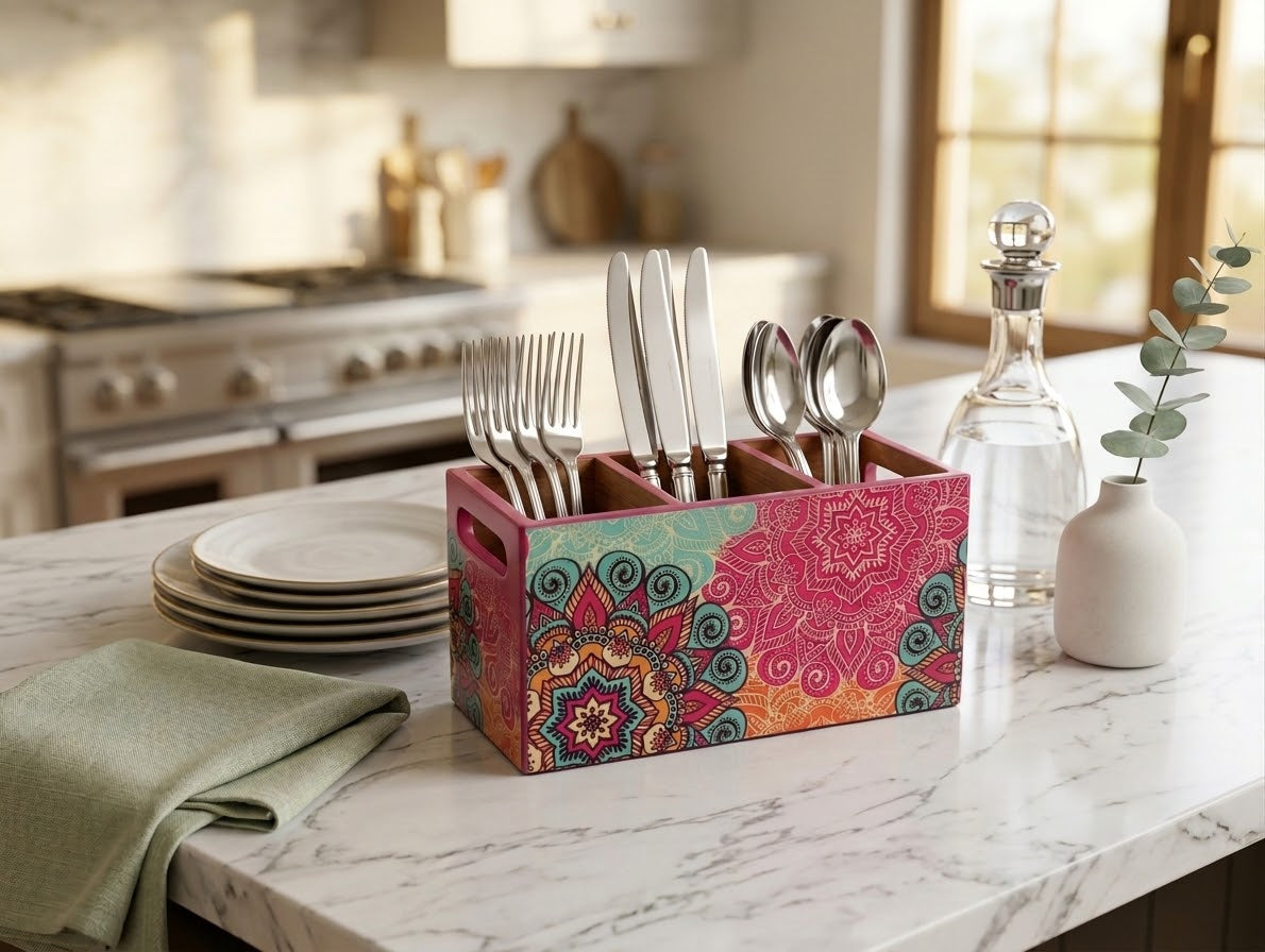 A decorative cutlery organizer box with a colorful mandala pattern sits on a white marble kitchen island, holding silver forks, knives, and spoons. The box features pink, teal, orange, and red patterns, with plates, a folded green napkin, a glass decanter, and a small vase in a softly blurred kitchen background.