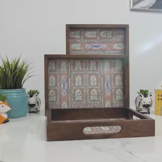 Handmade teak wood rectangular tray with handles