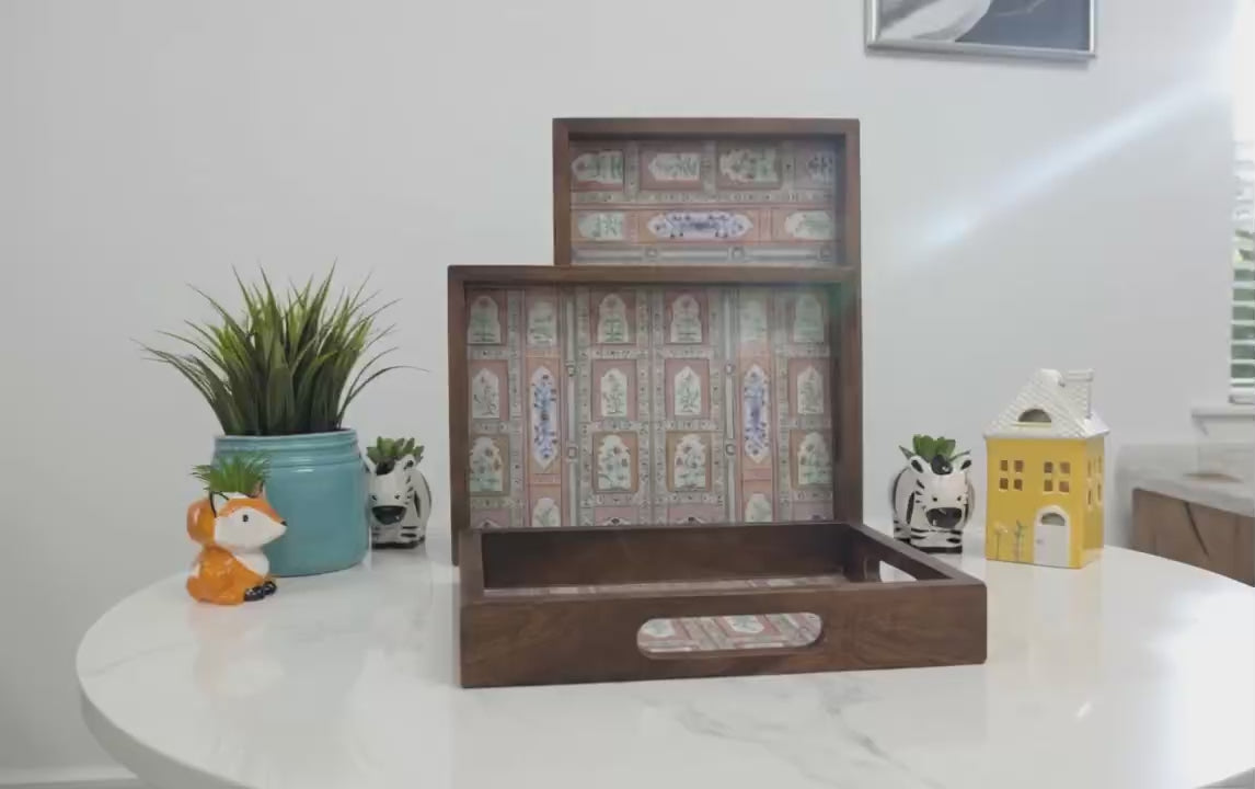 Handmade teak wood rectangular tray with handles