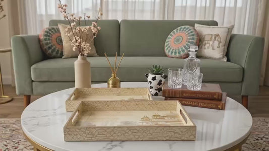 Handcrafted wooden rectangular tray with handles sold by ArturaLiving