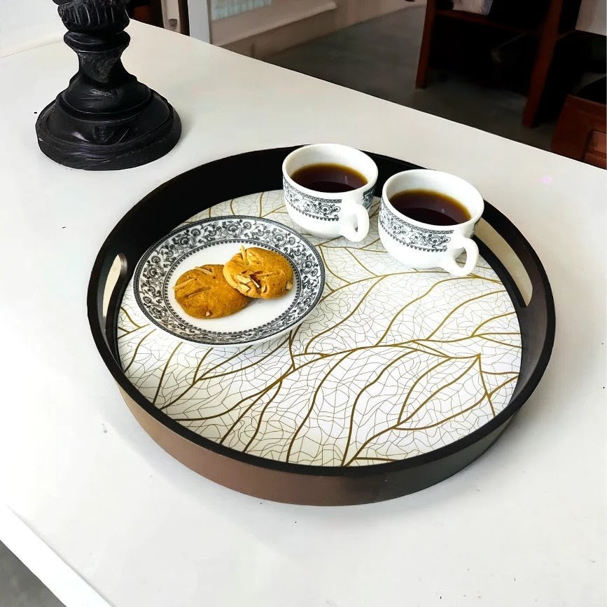 Minimalist round MDF wooden tray with a smooth matte finish and raised edges for home styling.