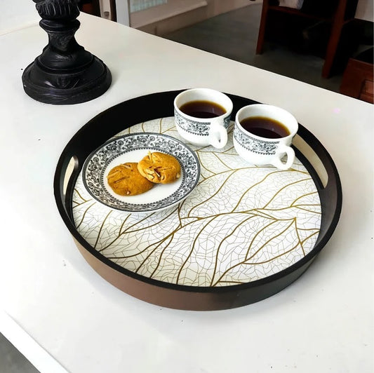 Minimalist round MDF wooden tray with a smooth matte finish and raised edges for home styling.