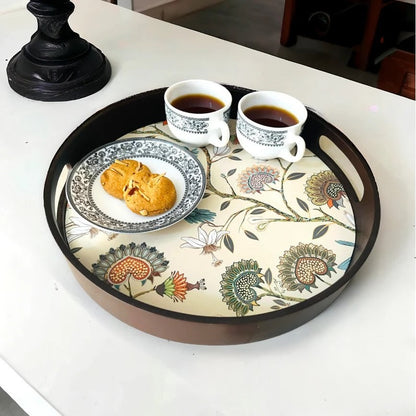 Minimalist round MDF wooden tray with a smooth matte finish and raised edges for home styling