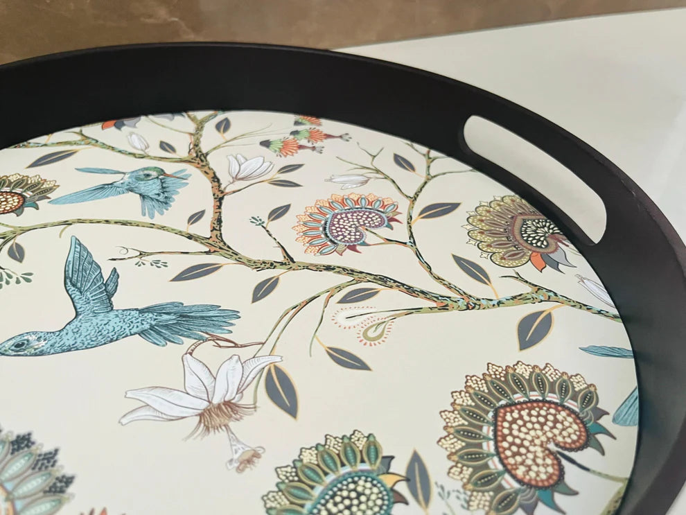 Minimalist round MDF wooden tray with a smooth matte finish and raised edges for home styling