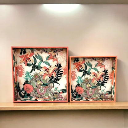 Tropical Coral Bloom Wooden Square Trays