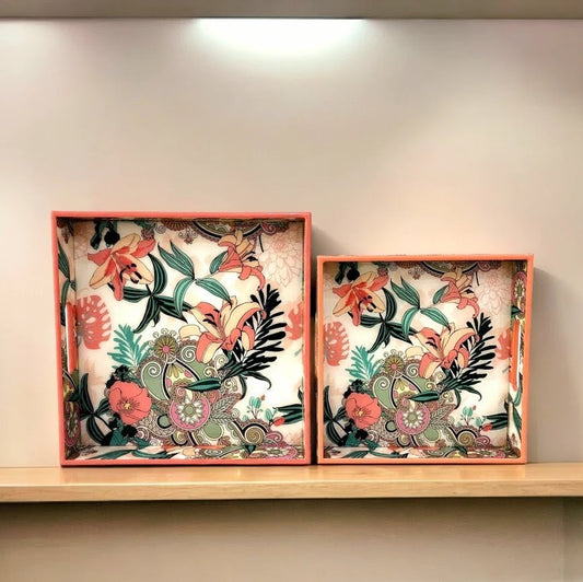 Tropical Bloom Coral Wooden Square Trays (Coming Soon)